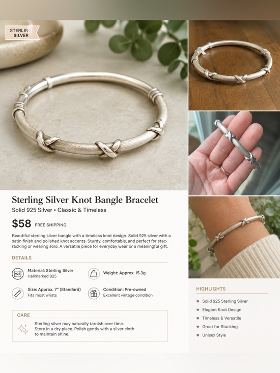Jewelry - 925 Sterling Silver Textured Knot Accent Hinged Bangle Bracelet